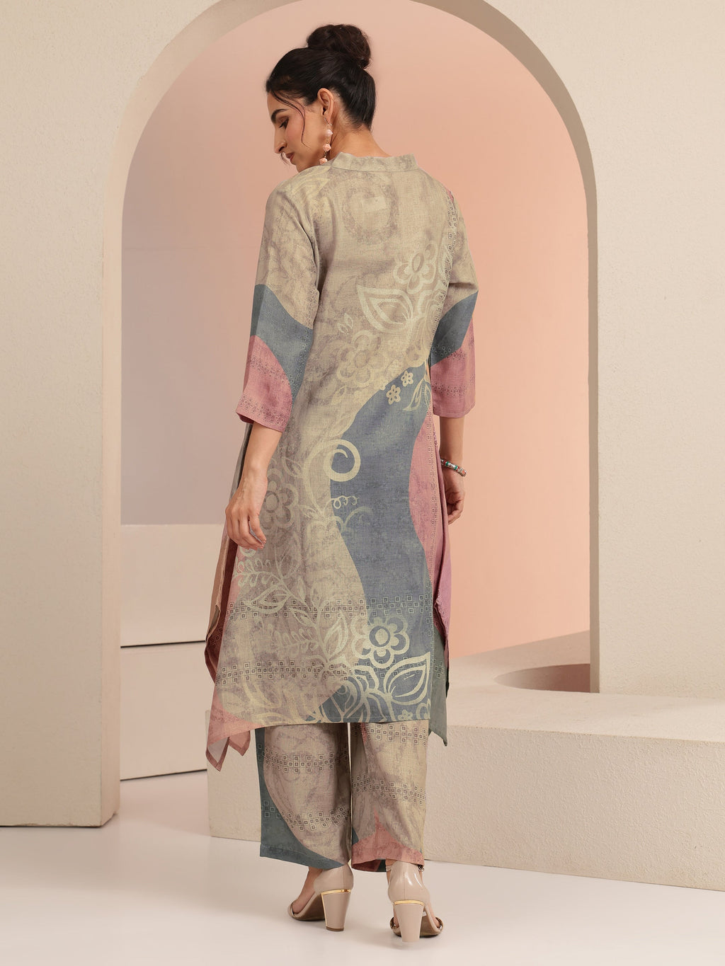 Libas Beige Floral Printed Linen High Low Kurta Set