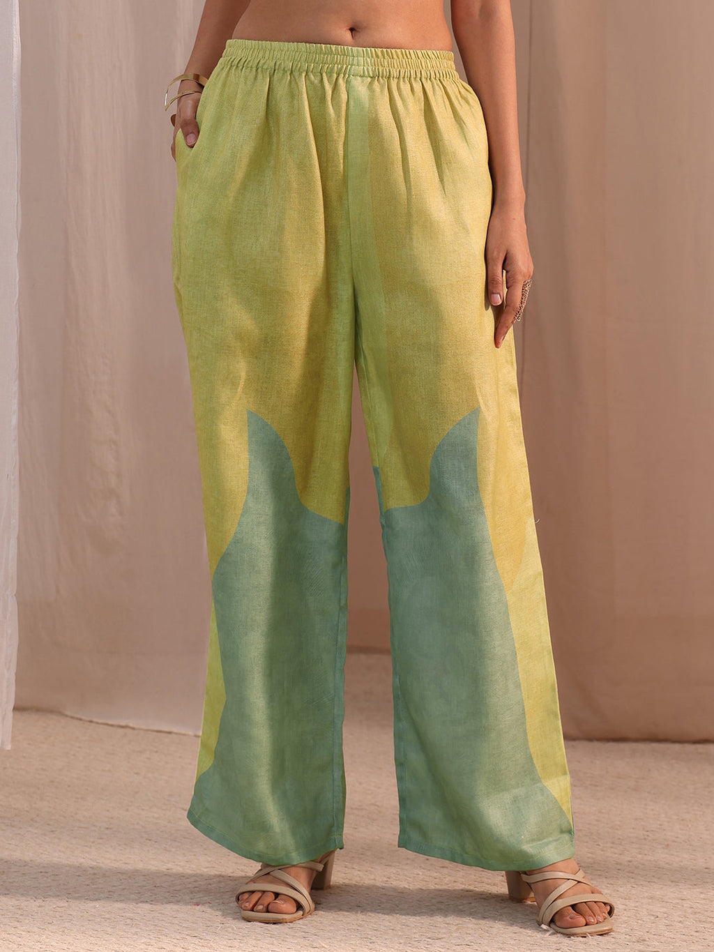 Libas Green Floral Printed Linen High Low Kurta Set