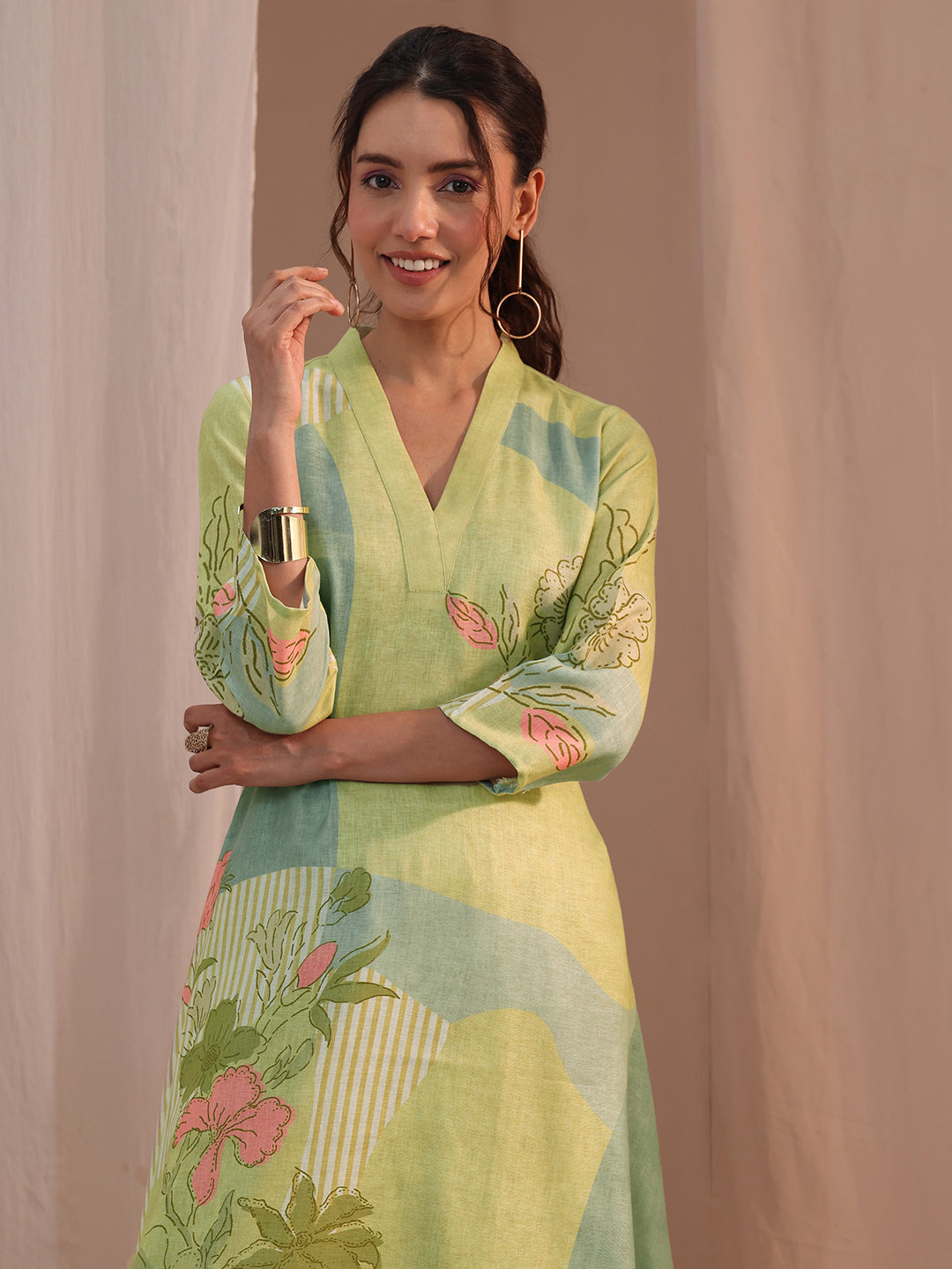 Libas Green Floral Printed Linen High Low Kurta Set