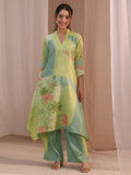 Libas Green Floral Printed Linen High Low Kurta Set