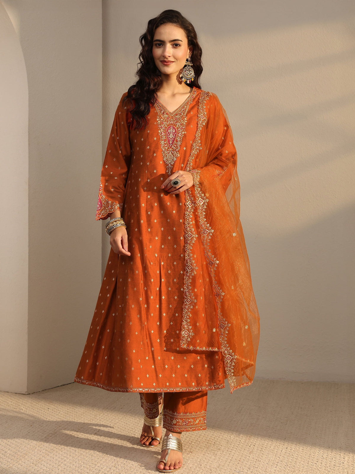 Libas Rust Woven Design Silk Blend A-Line Suit Set With Dupatta