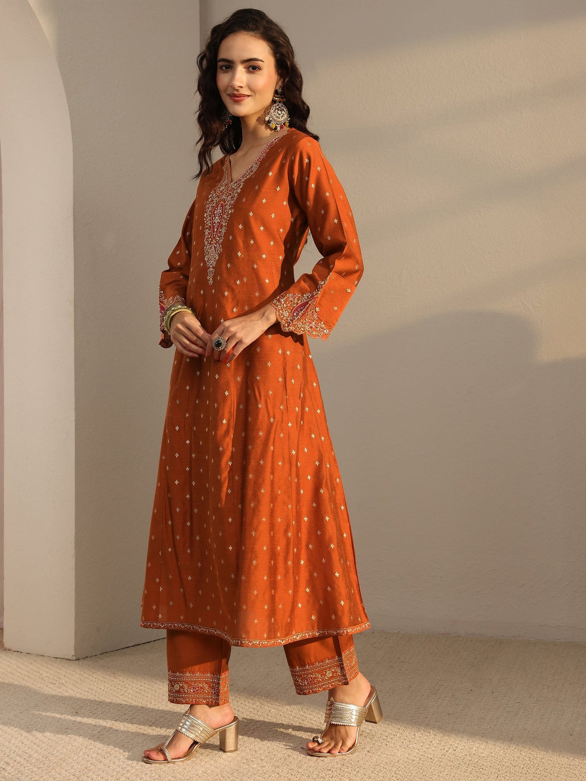 Libas Rust Woven Design Silk Blend A-Line Suit Set With Dupatta KS67