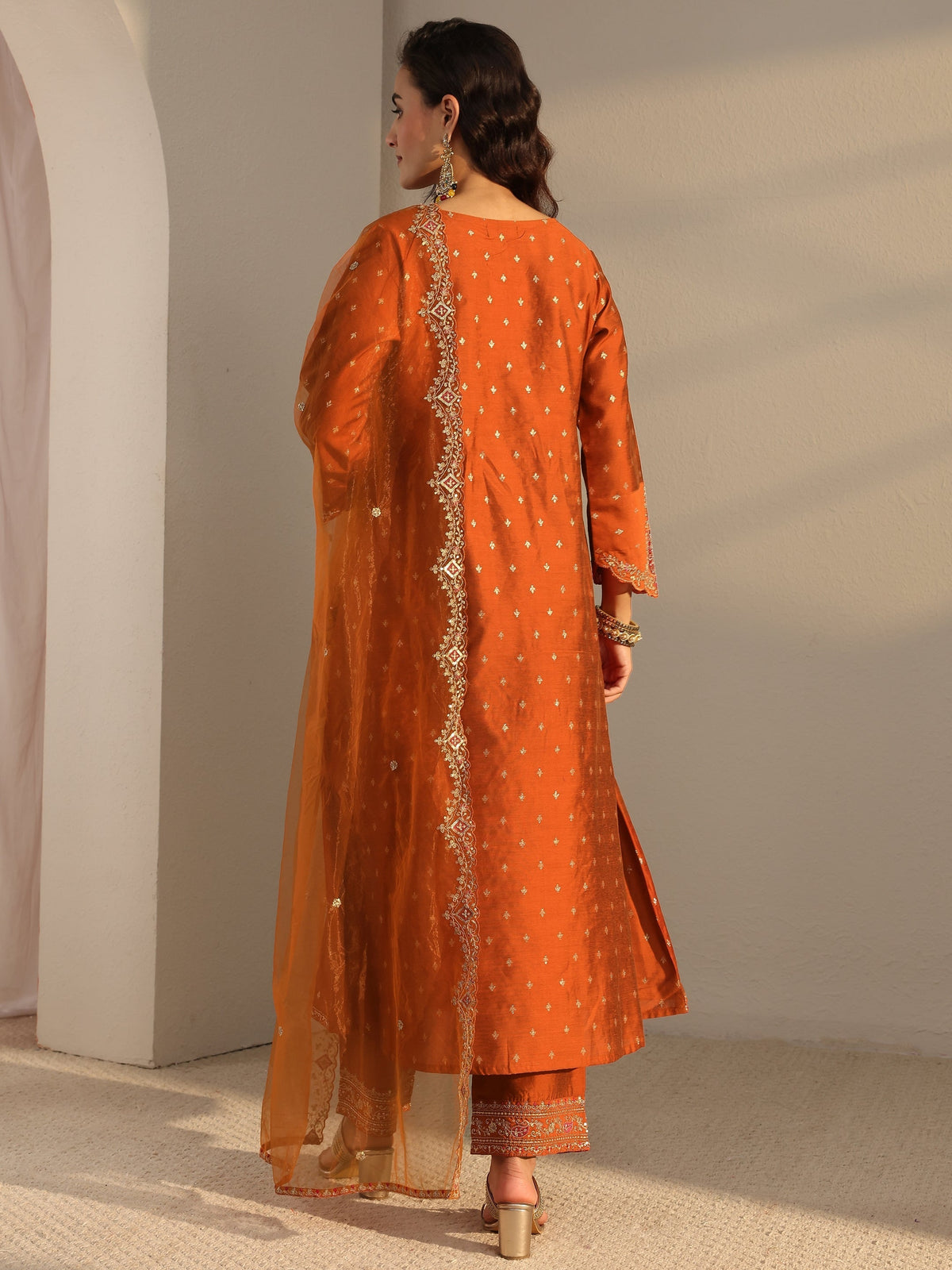 Libas Rust Woven Design Silk Blend A-Line Suit Set With Dupatta