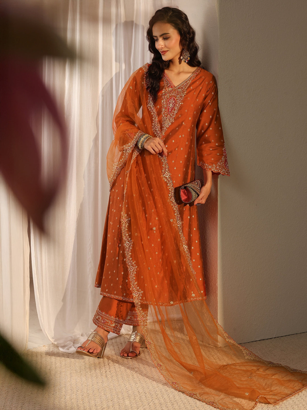 Libas Rust Woven Design Silk Blend A-Line Suit Set With Dupatta