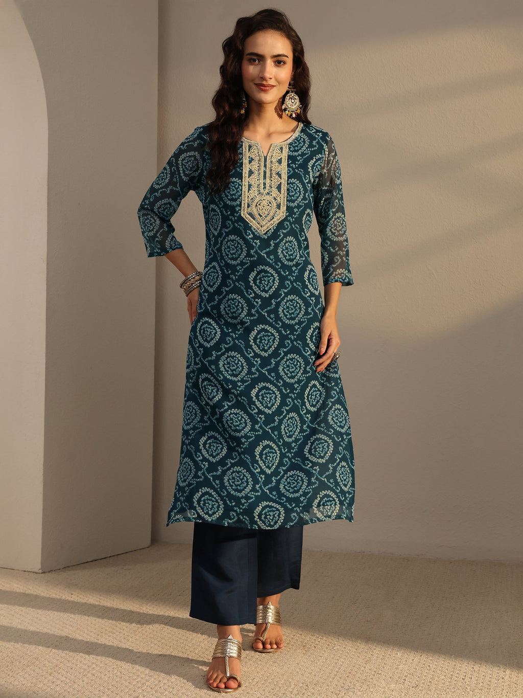 Libas Blue Bandhani Printed Chiffon Straight Kurta