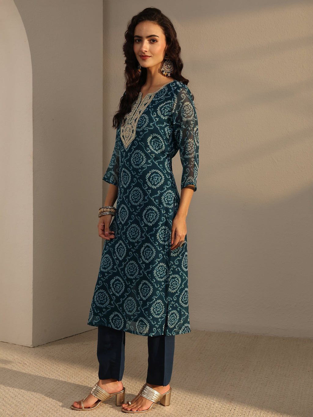 Libas Blue Bandhani Printed Chiffon Straight Kurta