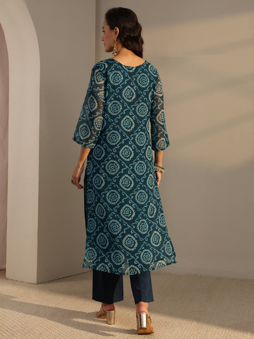 Libas Blue Bandhani Printed Chiffon Straight Kurta