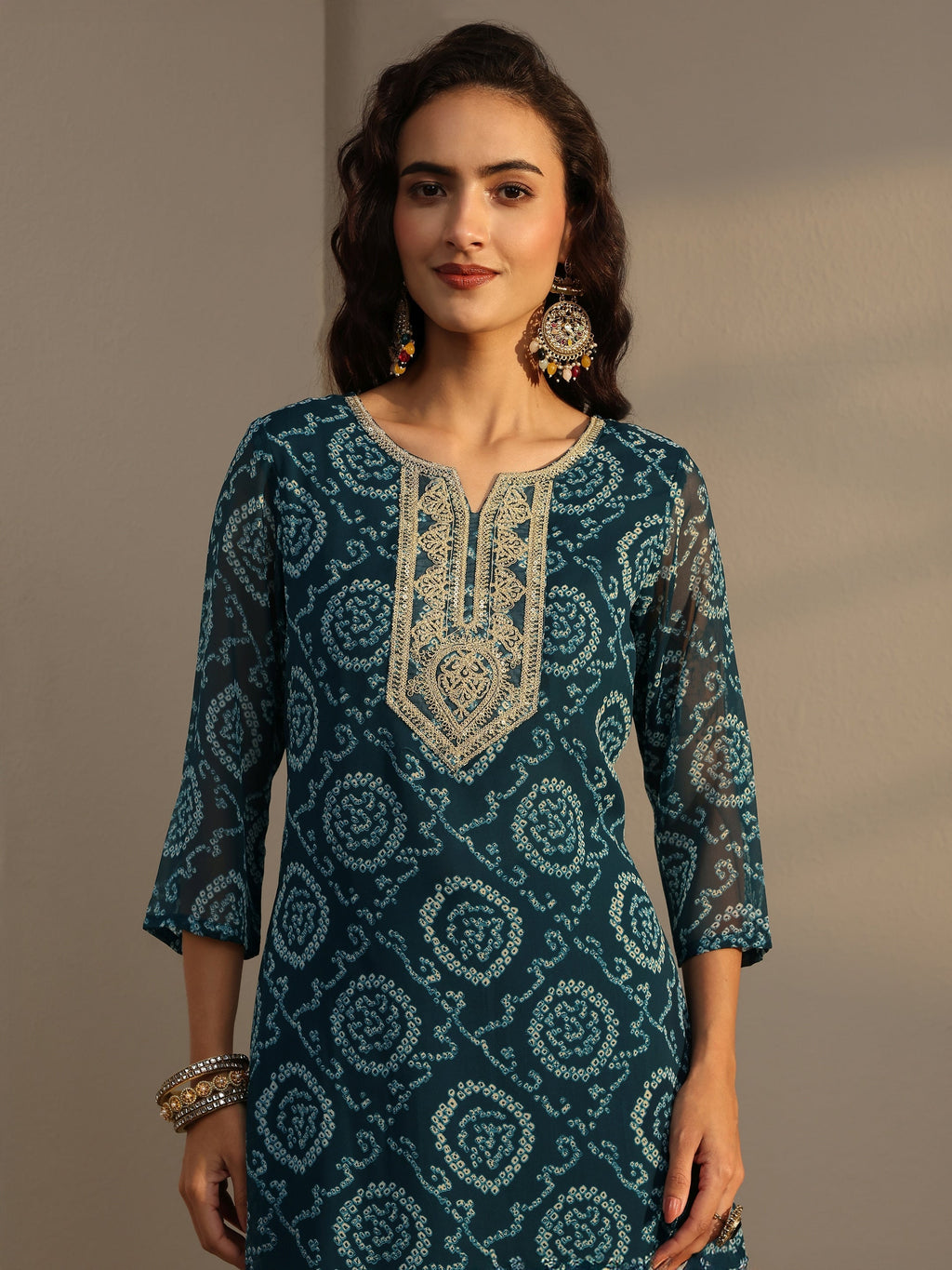 Libas Blue Bandhani Printed Chiffon Straight Kurta