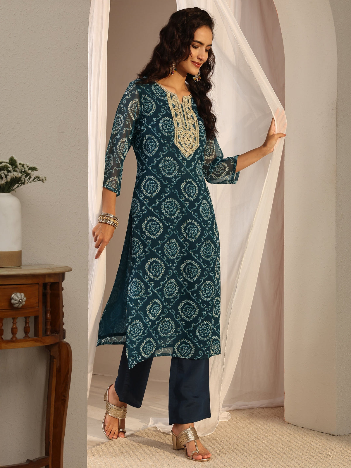 Libas Blue Bandhani Printed Chiffon Straight Kurta