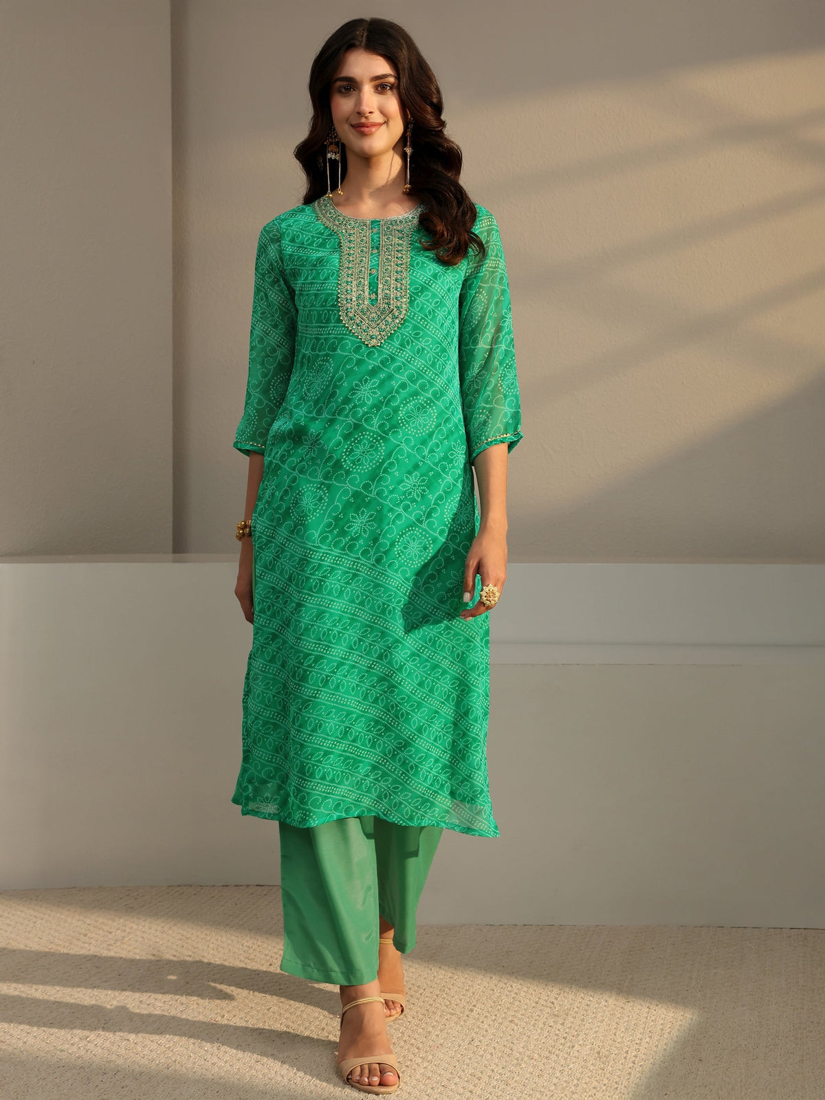 Libas Green Bandhani Printed Chiffon Straight Kurta