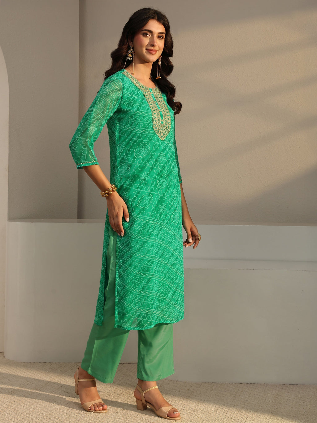 Libas Green Bandhani Printed Chiffon Straight Kurta