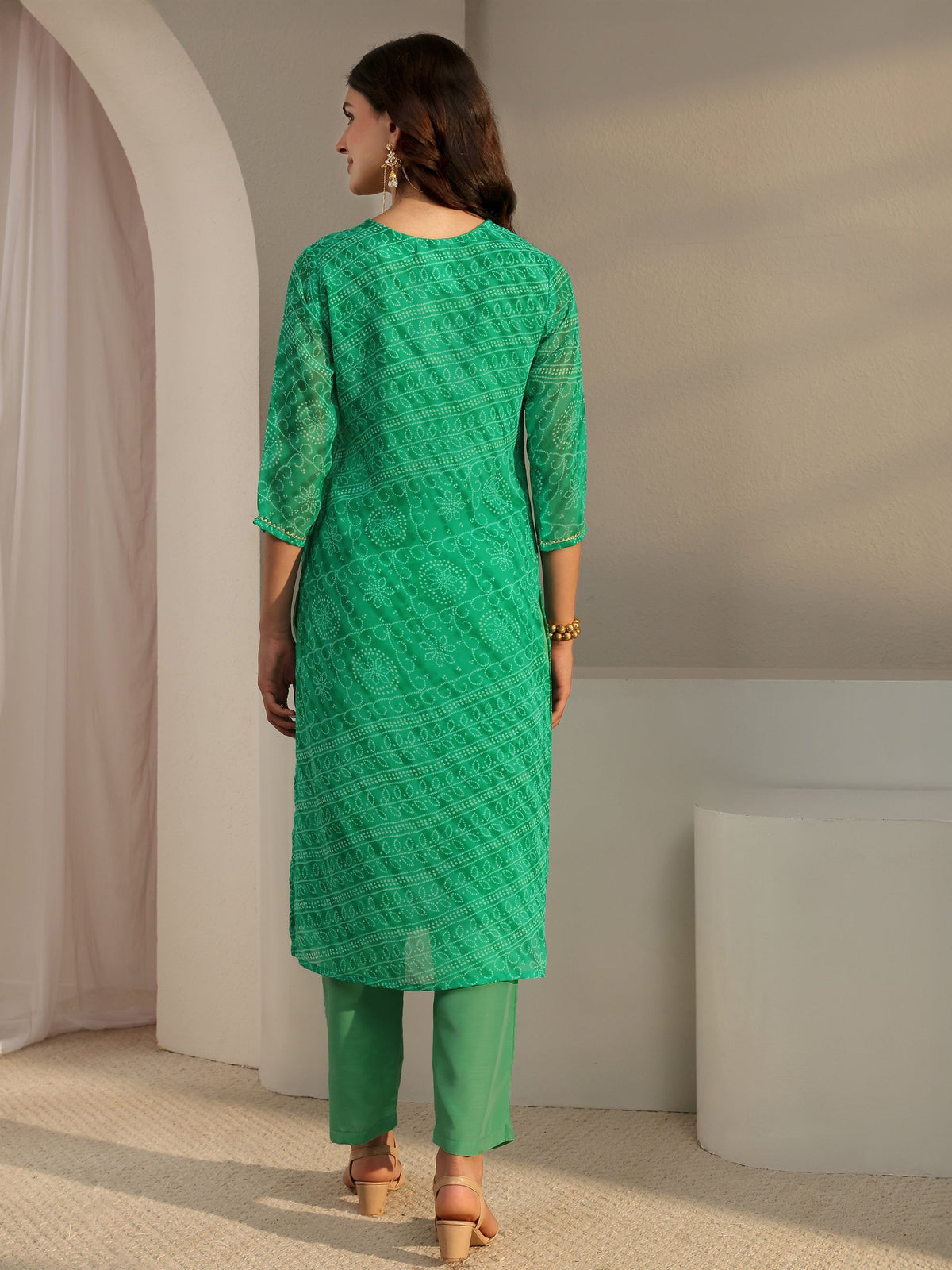 Libas Green Bandhani Printed Chiffon Straight Kurta