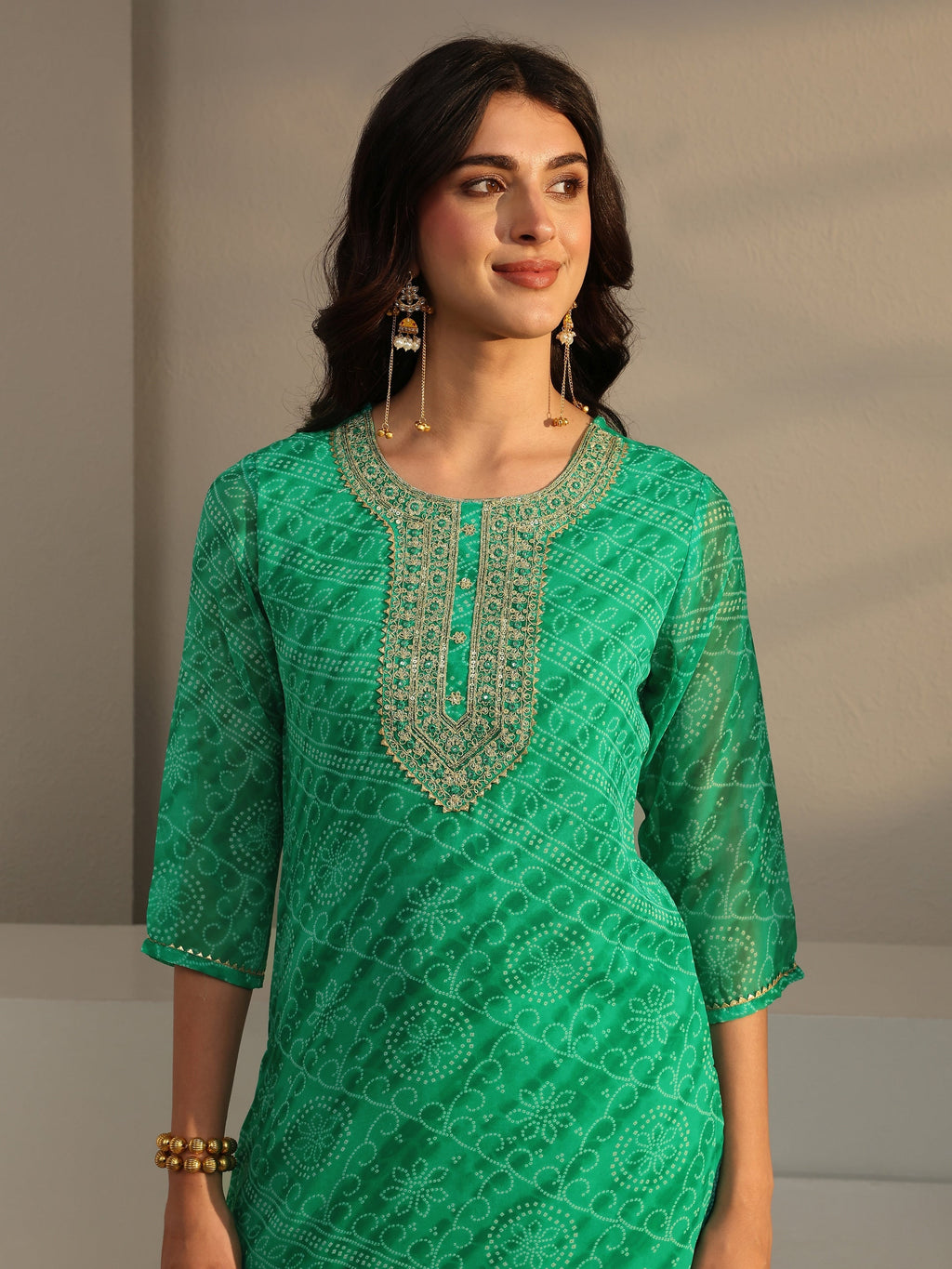 Libas Green Bandhani Printed Chiffon Straight Kurta