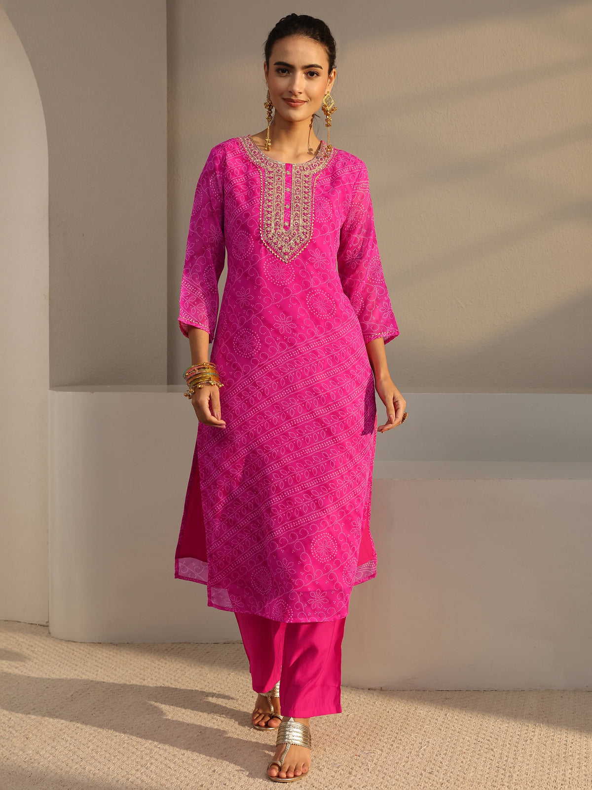 Libas Fuchsia Pink Bandhani Printed Chiffon Straight Kurta