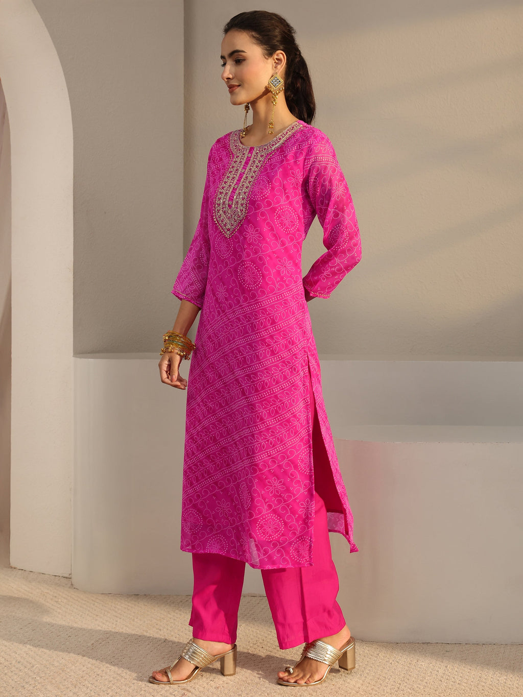 Libas Fuchsia Pink Bandhani Printed Chiffon Straight Kurta
