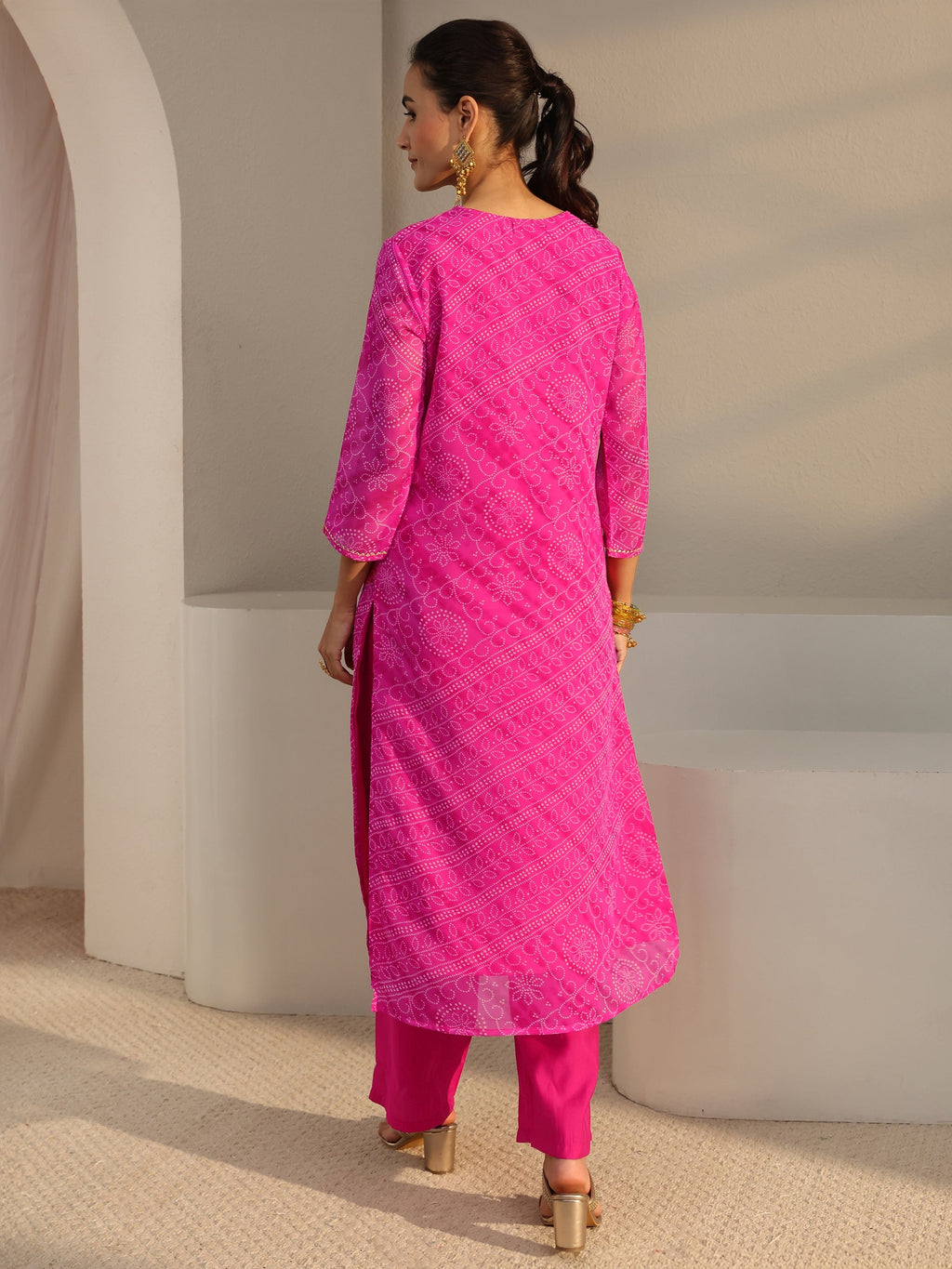 Libas Fuchsia Pink Bandhani Printed Chiffon Straight Kurta