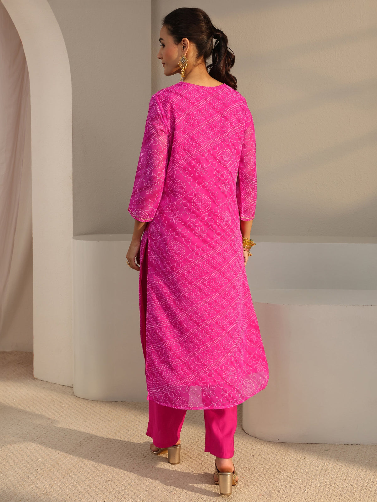 Libas Fuchsia Pink Bandhani Printed Chiffon Straight Kurta