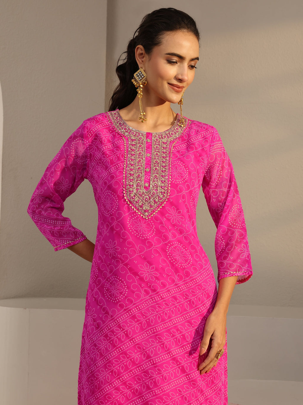 Libas Fuchsia Pink Bandhani Printed Chiffon Straight Kurta