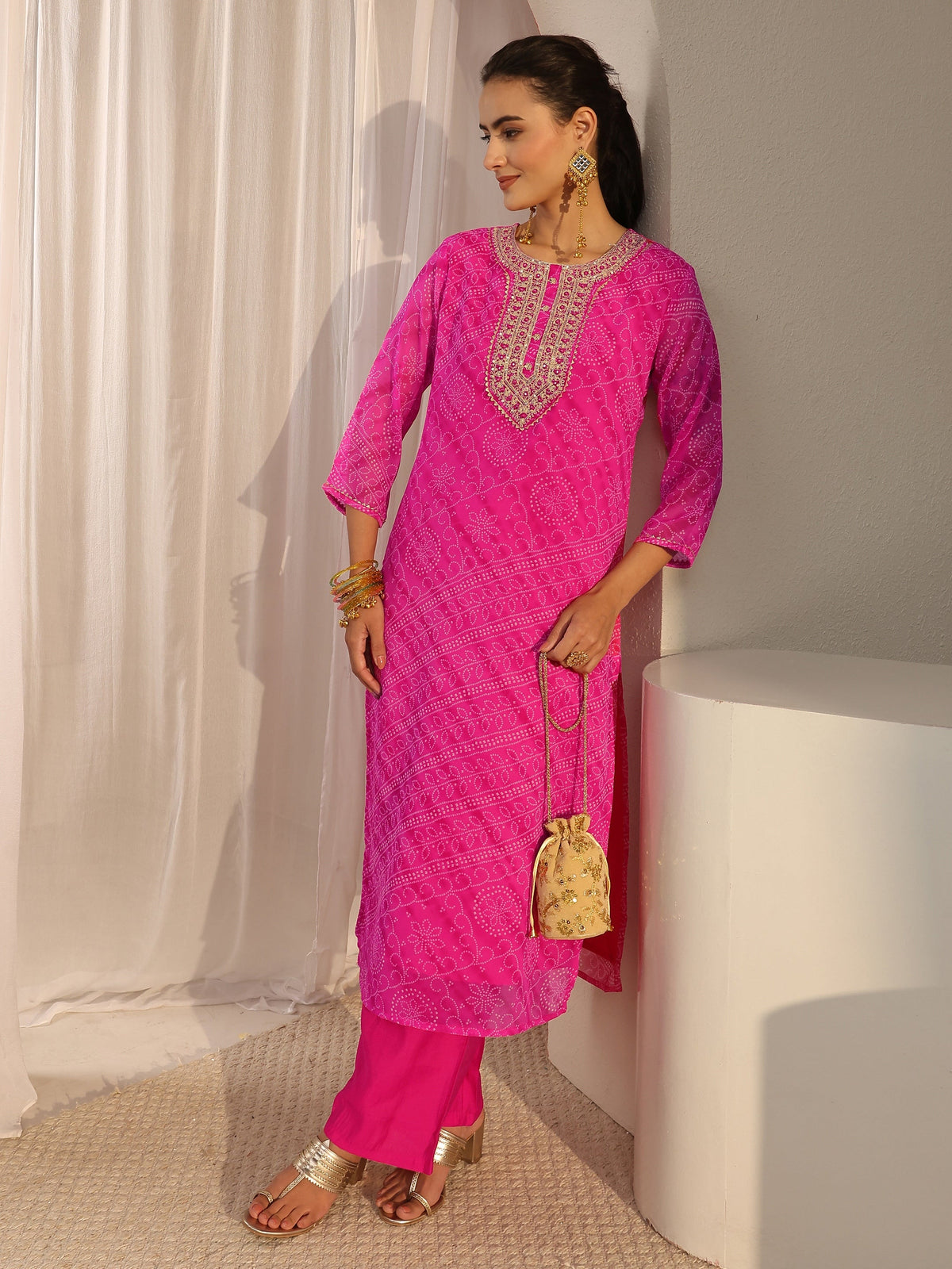 Libas Fuchsia Pink Bandhani Printed Chiffon Straight Kurta