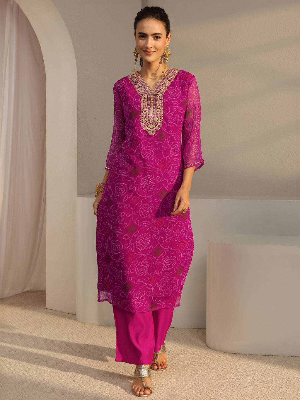 Libas Pink Bandhani Printed Chiffon Straight Kurta