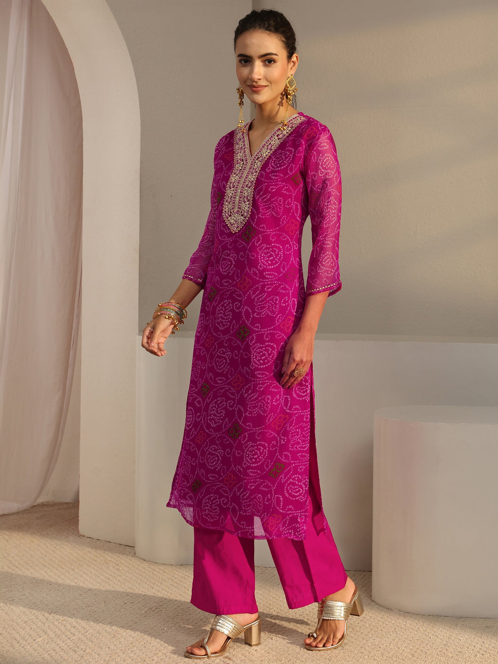 Libas Pink Bandhani Printed Chiffon Straight Kurta