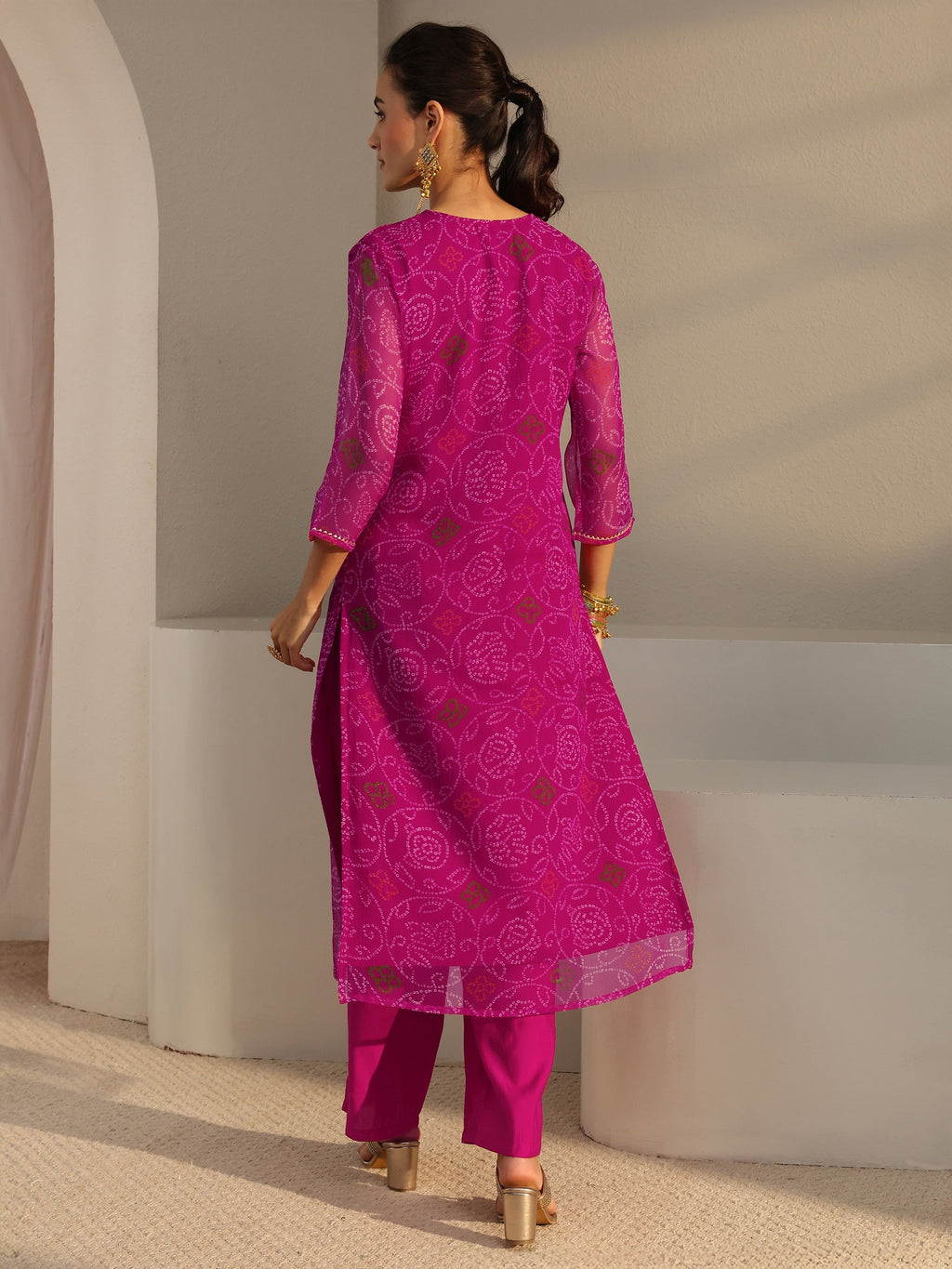 Libas Pink Bandhani Printed Chiffon Straight Kurta