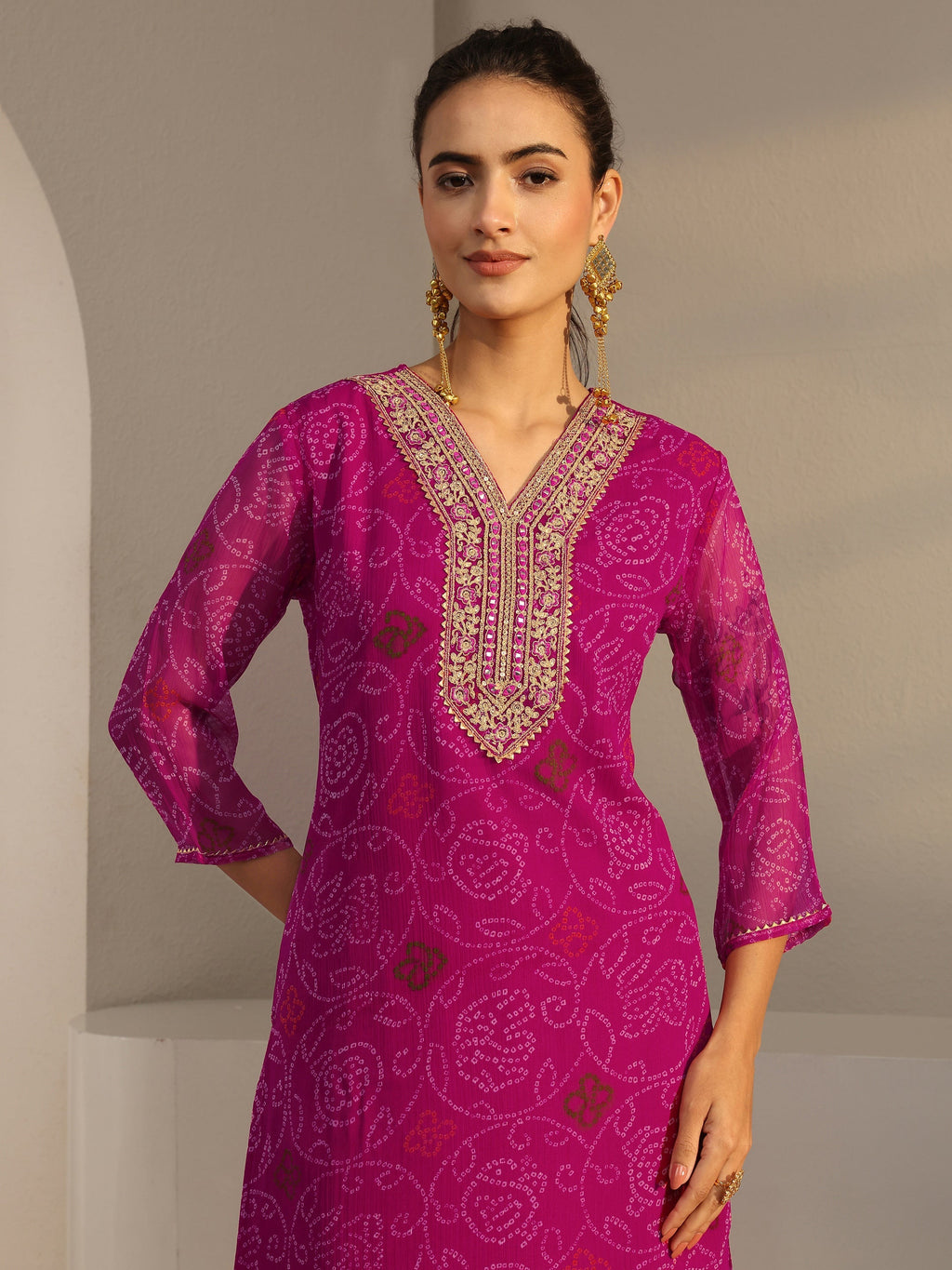 Libas Pink Bandhani Printed Chiffon Straight Kurta