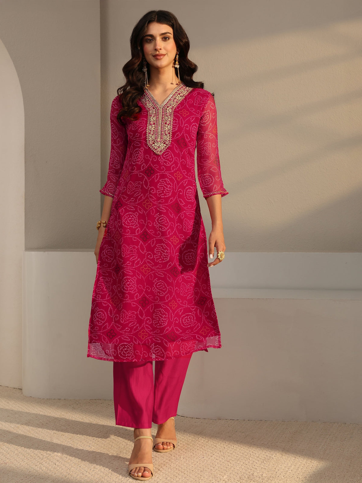 Libas Pink Bandhani Printed Chiffon Straight Kurta