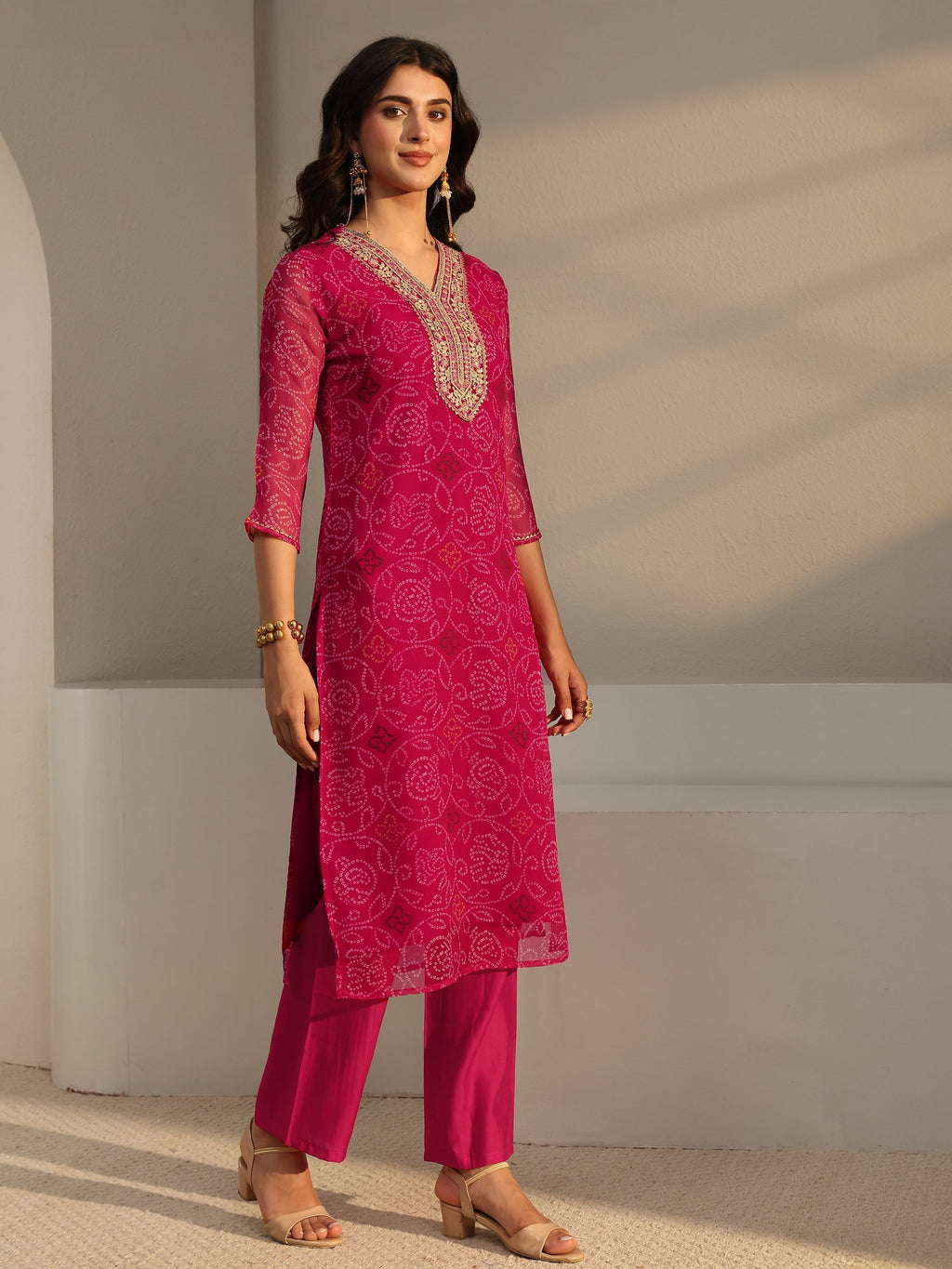 Libas Pink Bandhani Printed Chiffon Straight Kurta