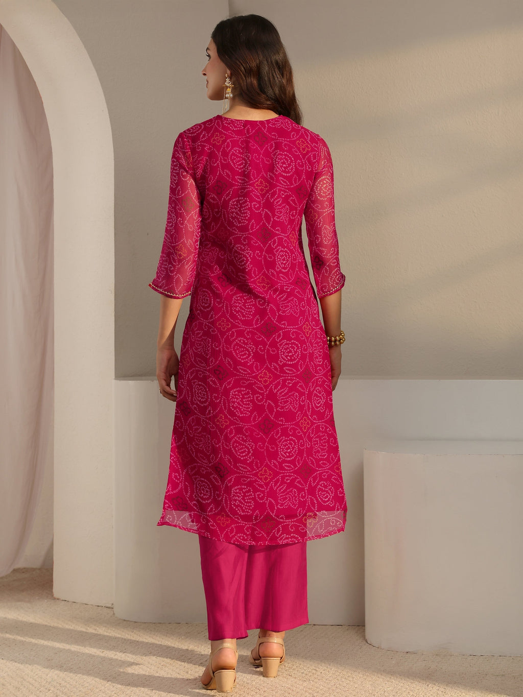 Libas Pink Bandhani Printed Chiffon Straight Kurta