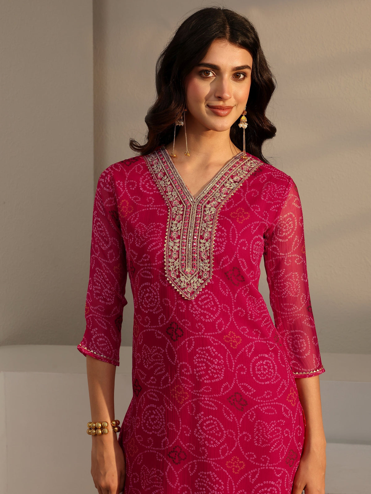 Libas Pink Bandhani Printed Chiffon Straight Kurta