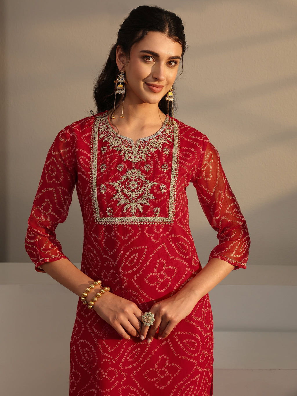 Libas Red Bandhani Printed Chiffon Straight Kurta