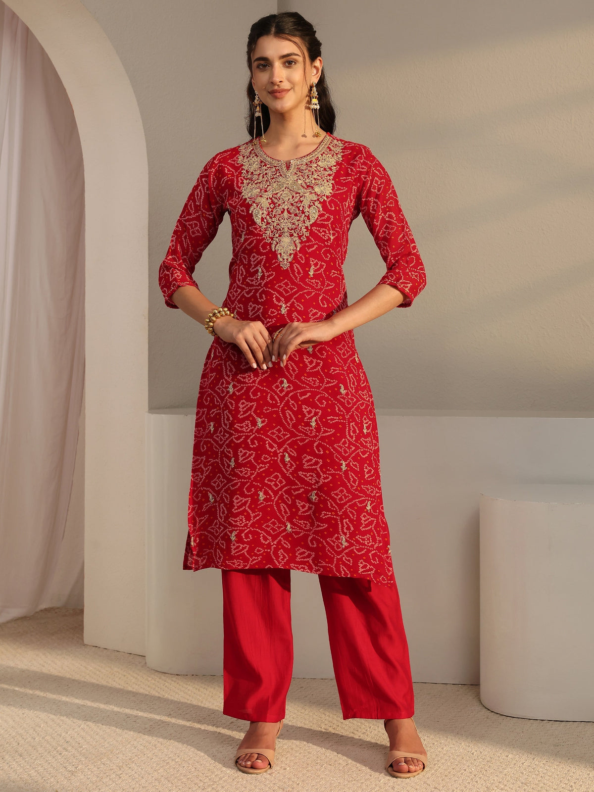 Libas Red Bandhani Printed Chiffon Straight Kurta