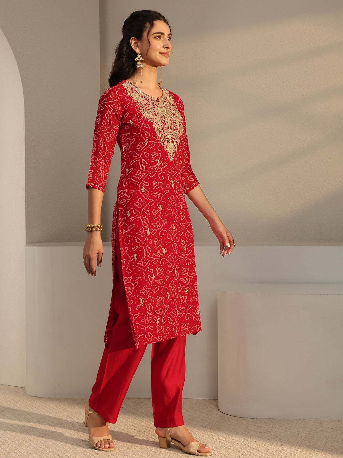 Libas Red Bandhani Printed Chiffon Straight Kurta