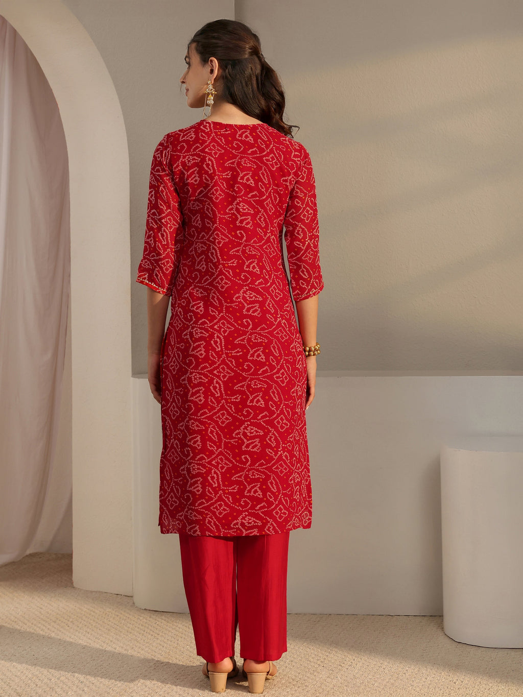 Libas Red Bandhani Printed Chiffon Straight Kurta