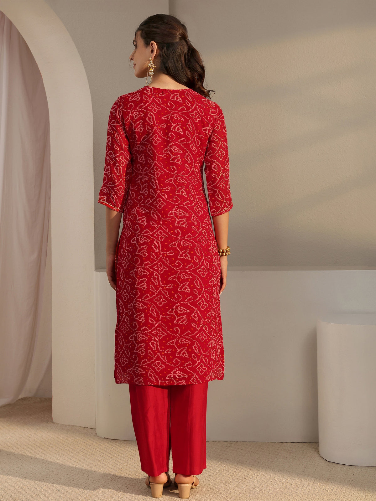 Libas Red Bandhani Printed Chiffon Straight Kurta