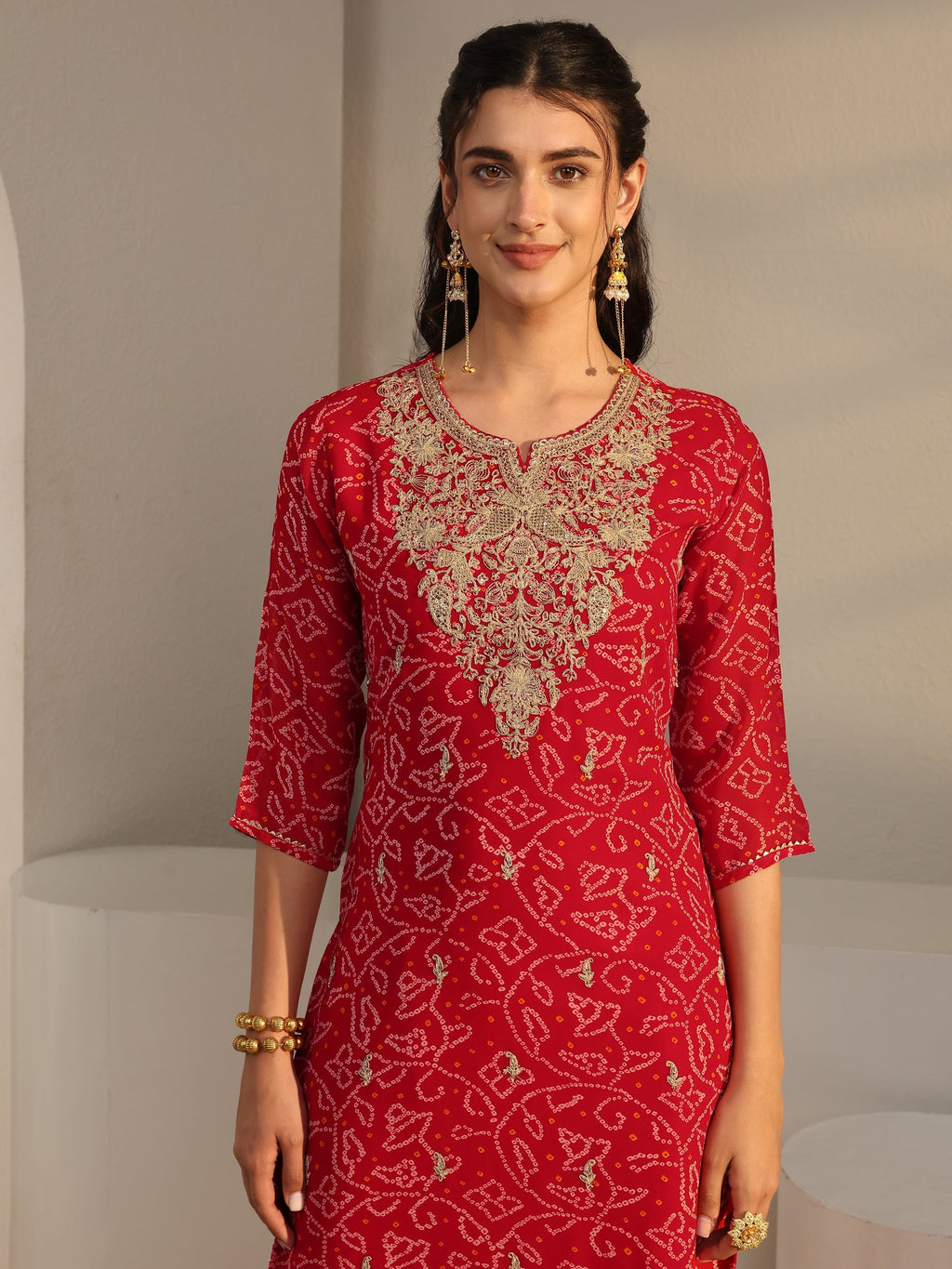 Libas Red Bandhani Printed Chiffon Straight Kurta