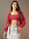 Red Ruched Floral Printed Crop Top | CT61 - view 1