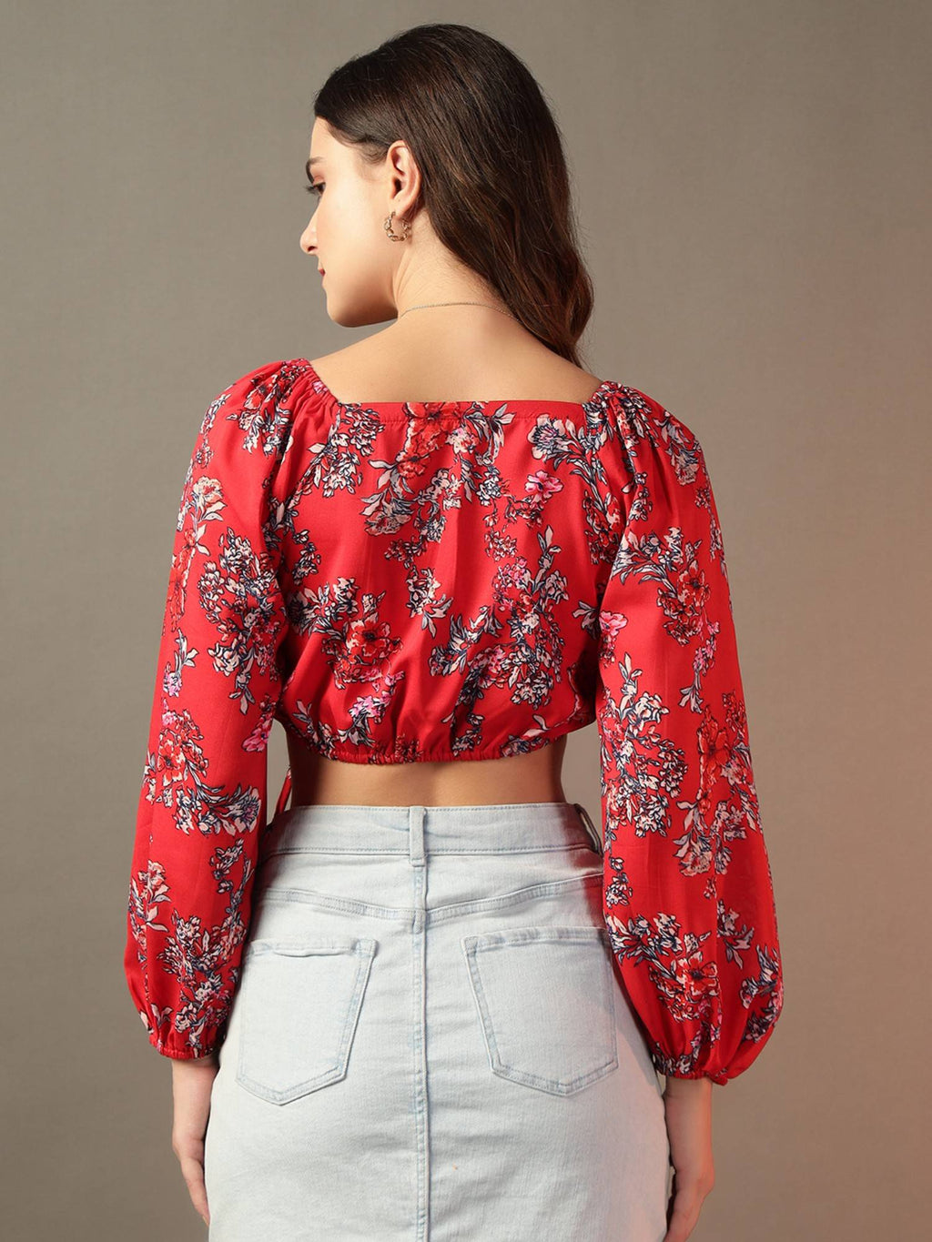 Red Ruched Floral Printed Crop Top | CT61 - view 2