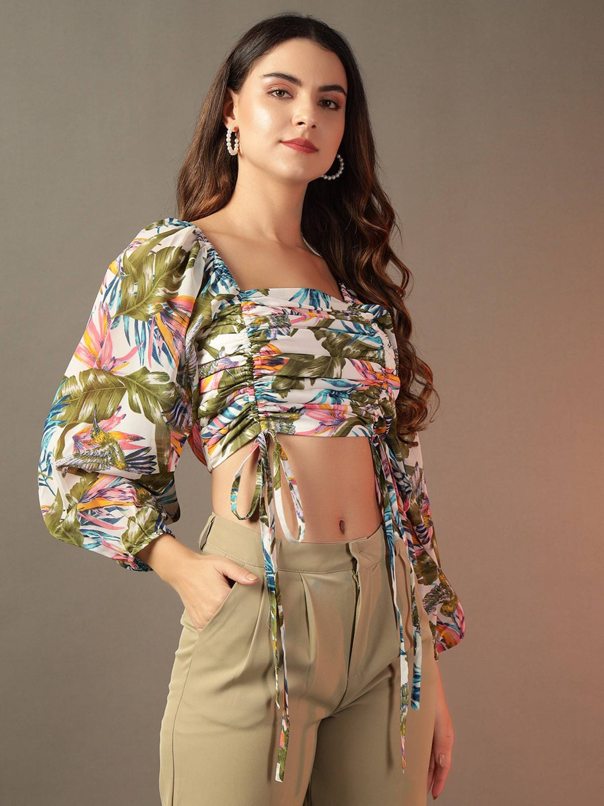 White Ruched Floral Printed Crop Top | CT61 - view 3