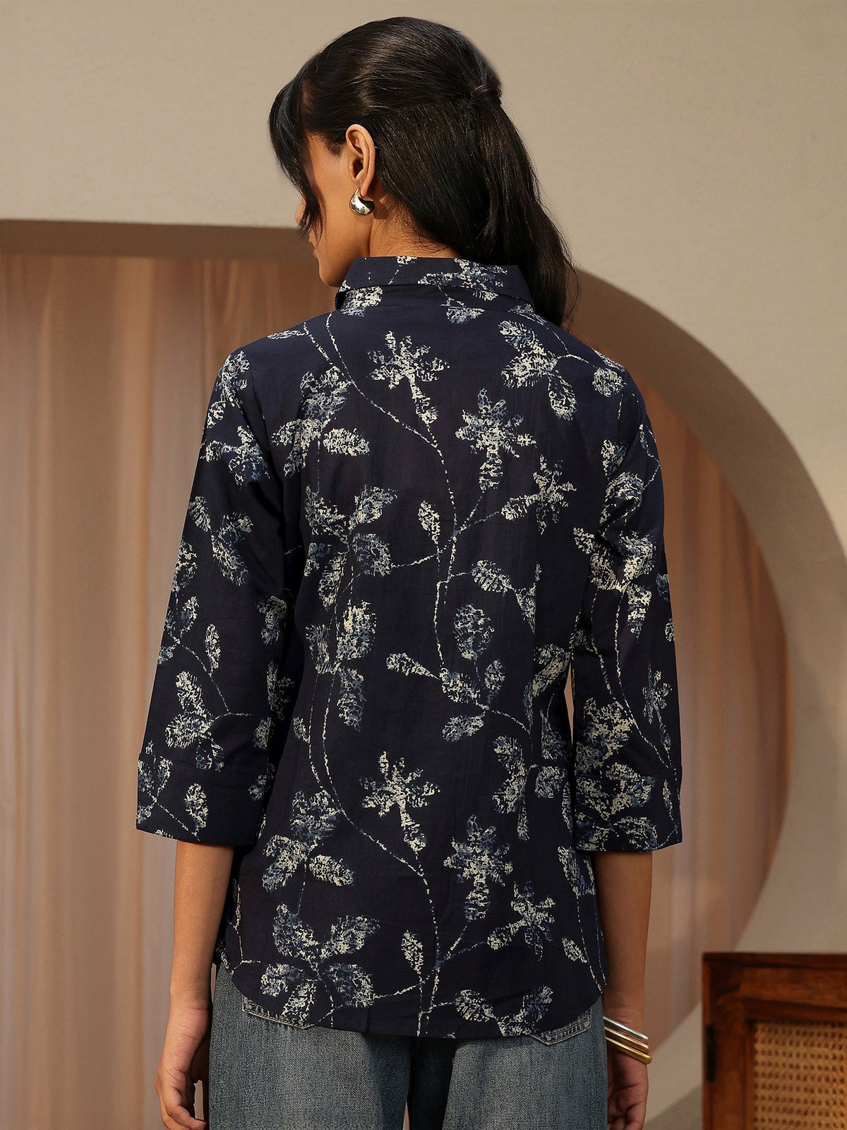 Libas Navy Blue Floral Printed Cotton Shirt K60