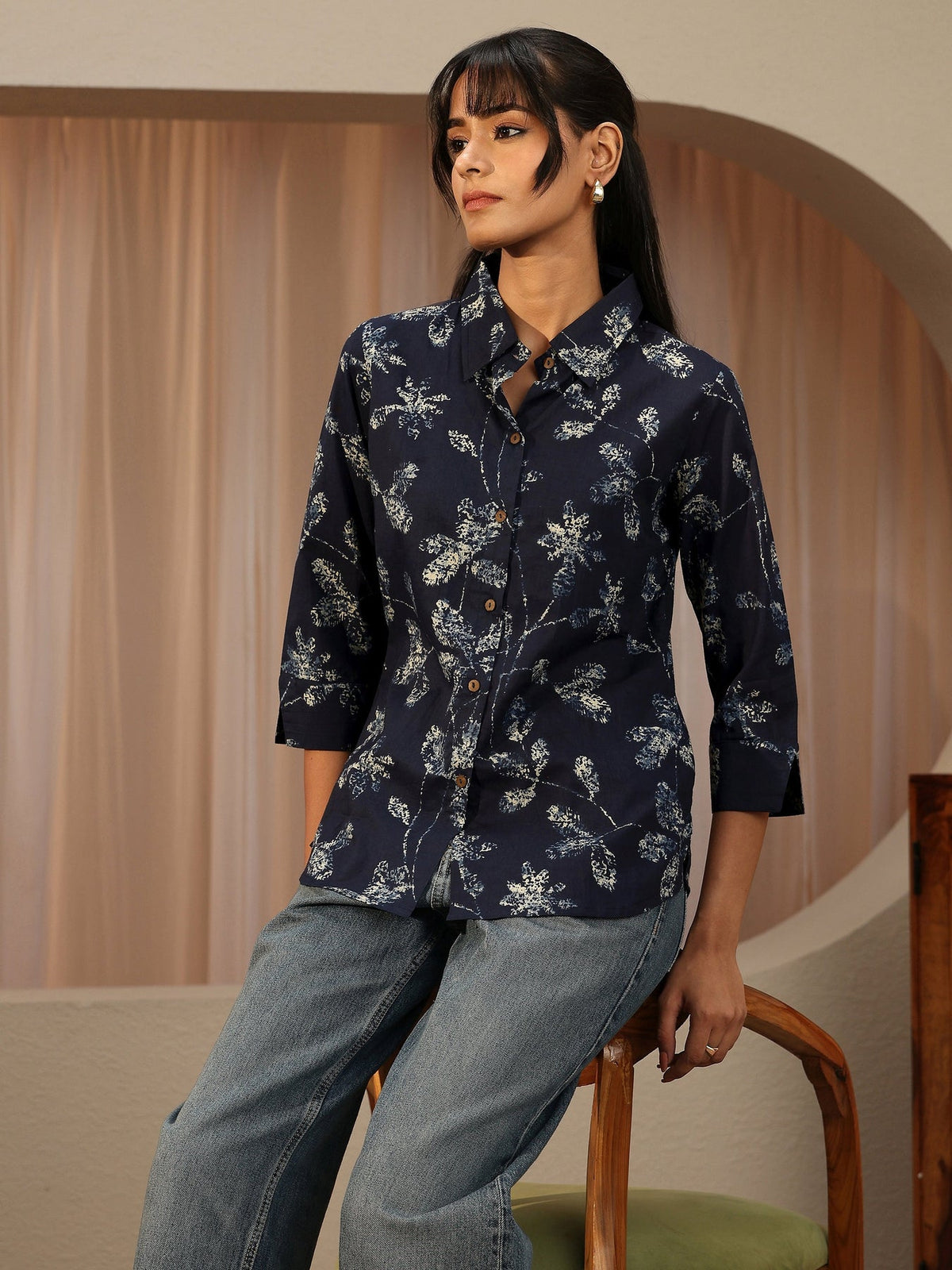 Libas Navy Blue Floral Printed Cotton Shirt K60
