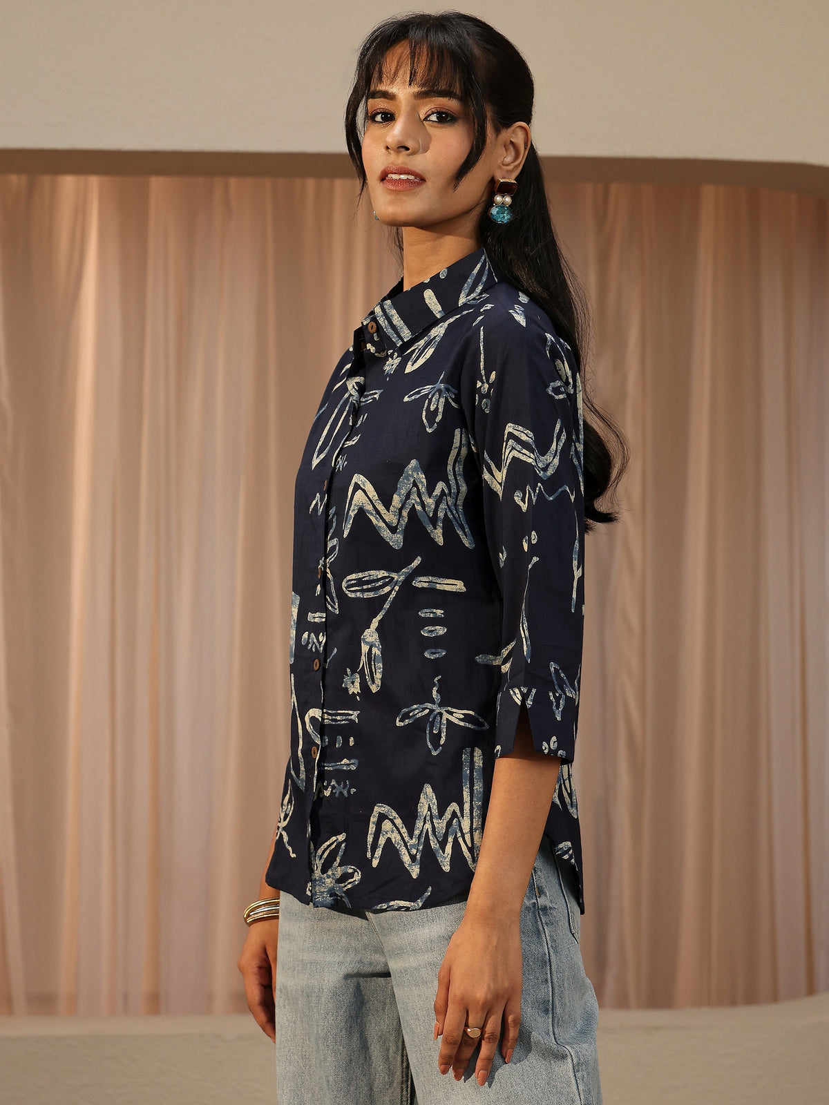 Libas Navy Blue Abstract Printed Cotton Shirt