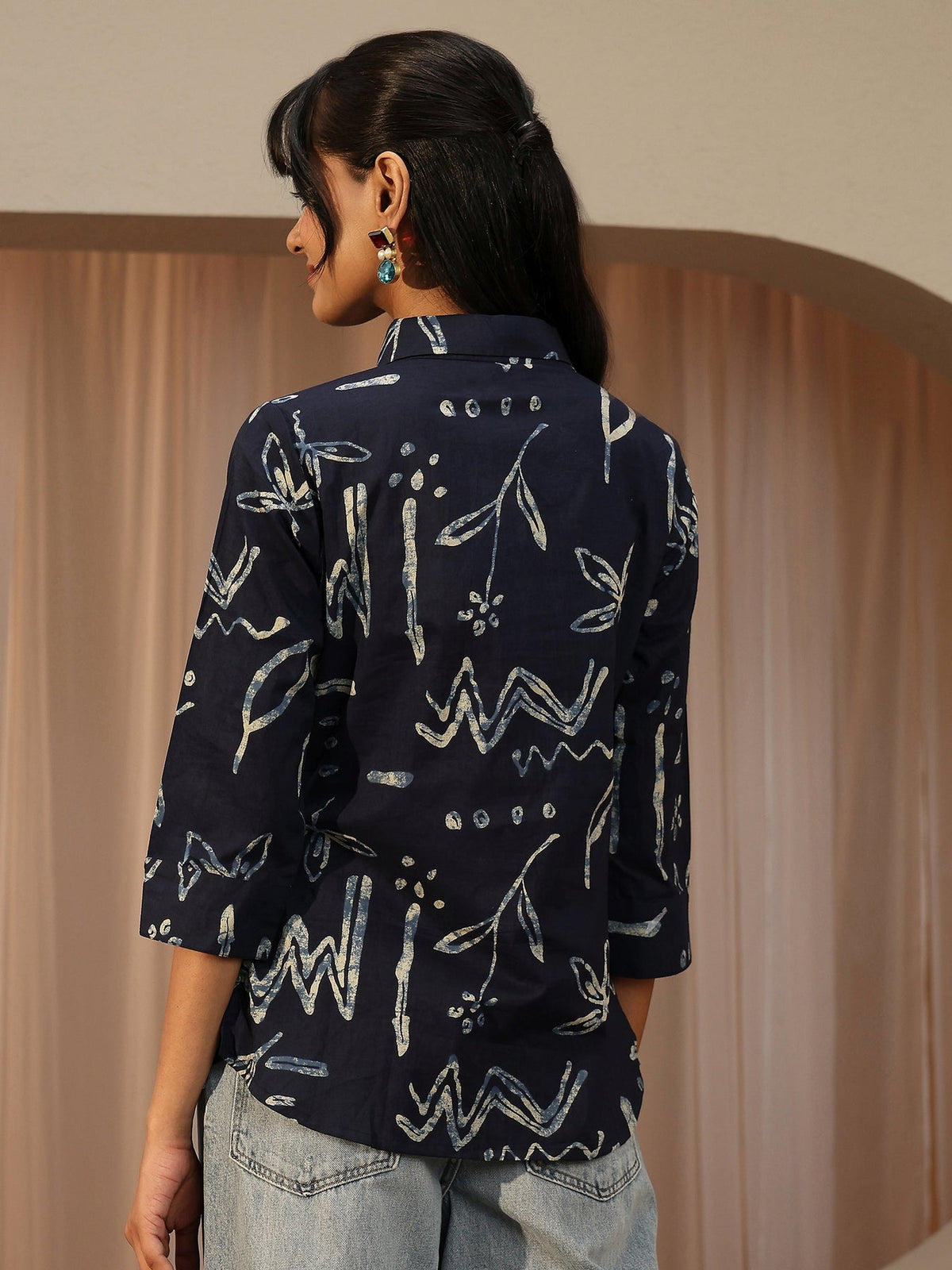 Libas Navy Blue Abstract Printed Cotton Shirt K60