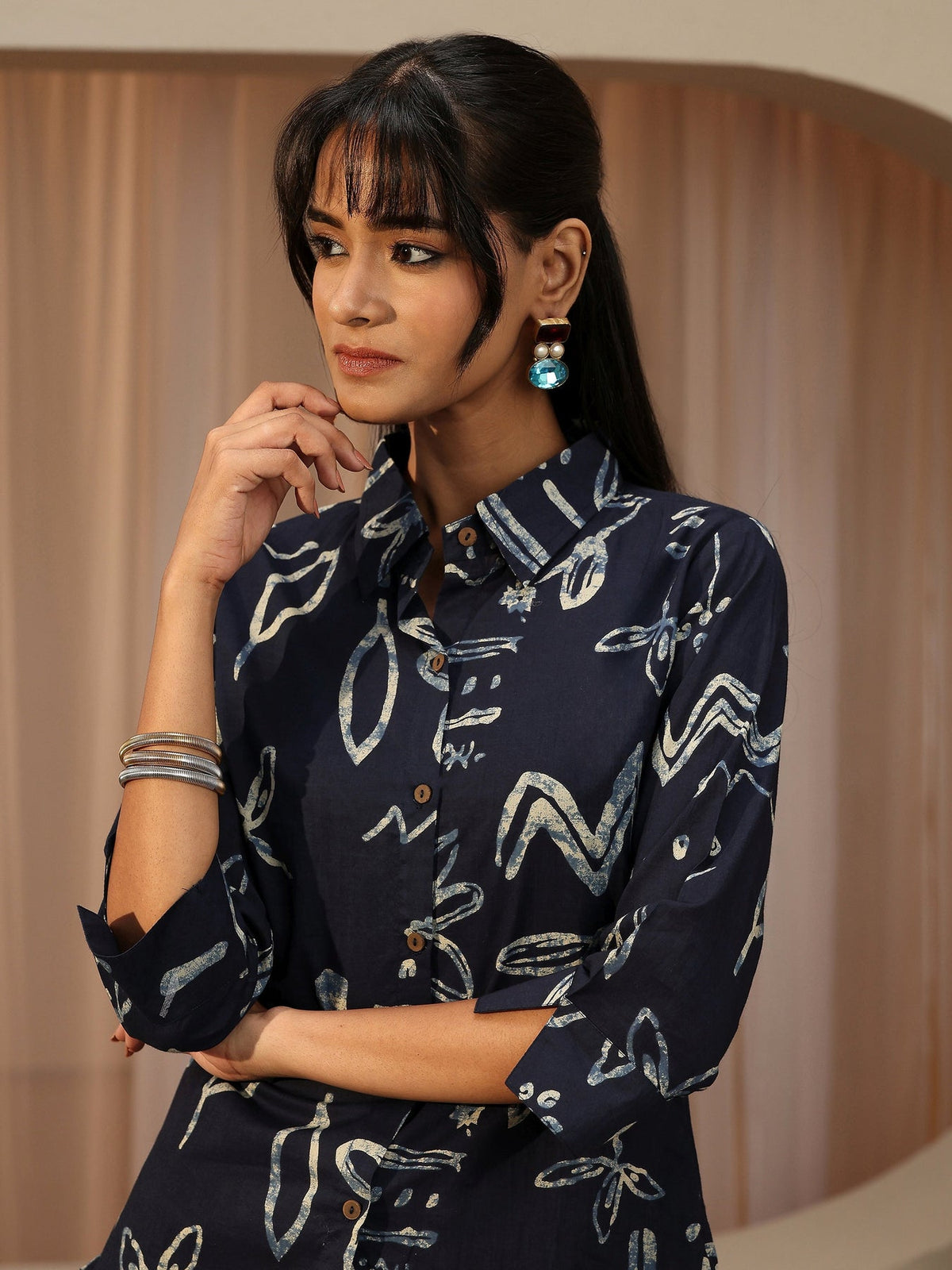 Libas Navy Blue Abstract Printed Cotton Shirt K60