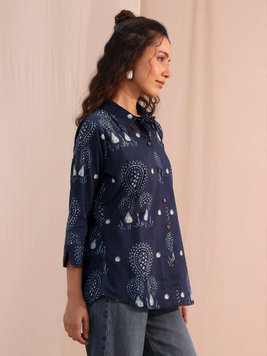 Libas Navy Blue Ethnic Printed Cotton Shirt K60