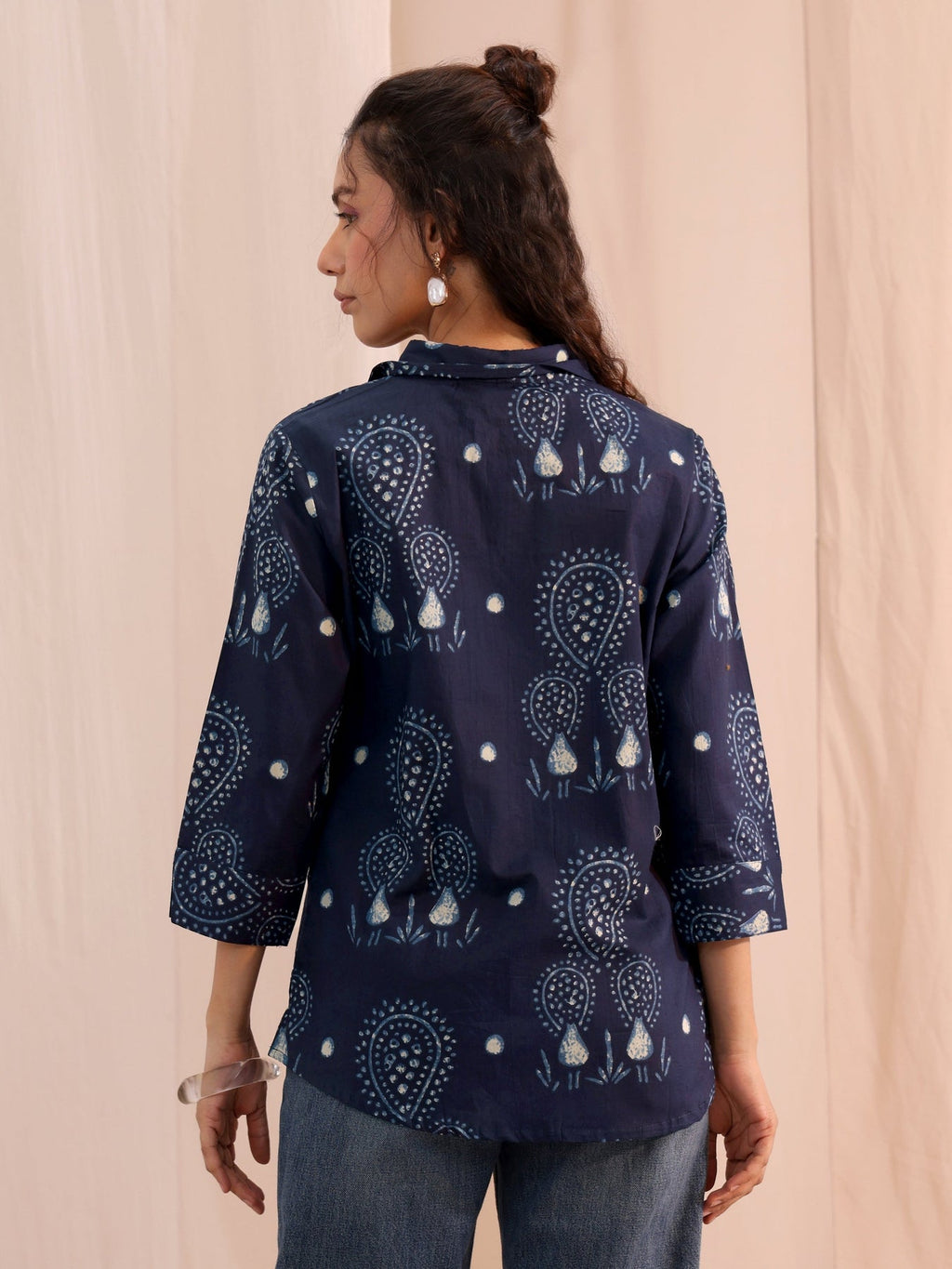 Libas Navy Blue Ethnic Printed Cotton Shirt K60