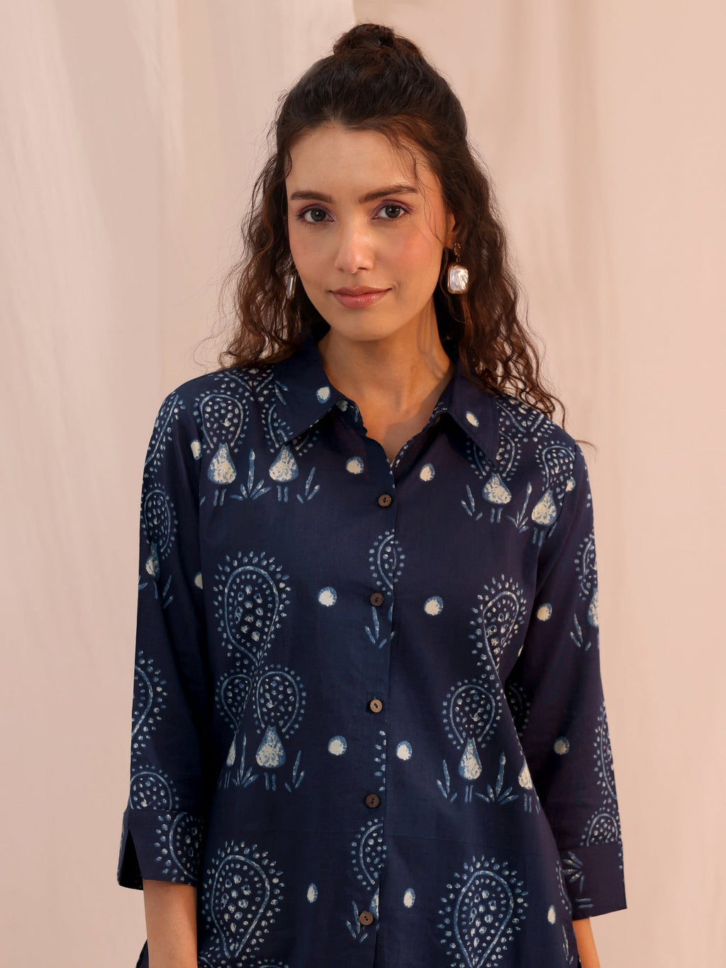 Libas Navy Blue Ethnic Printed Cotton Shirt K60