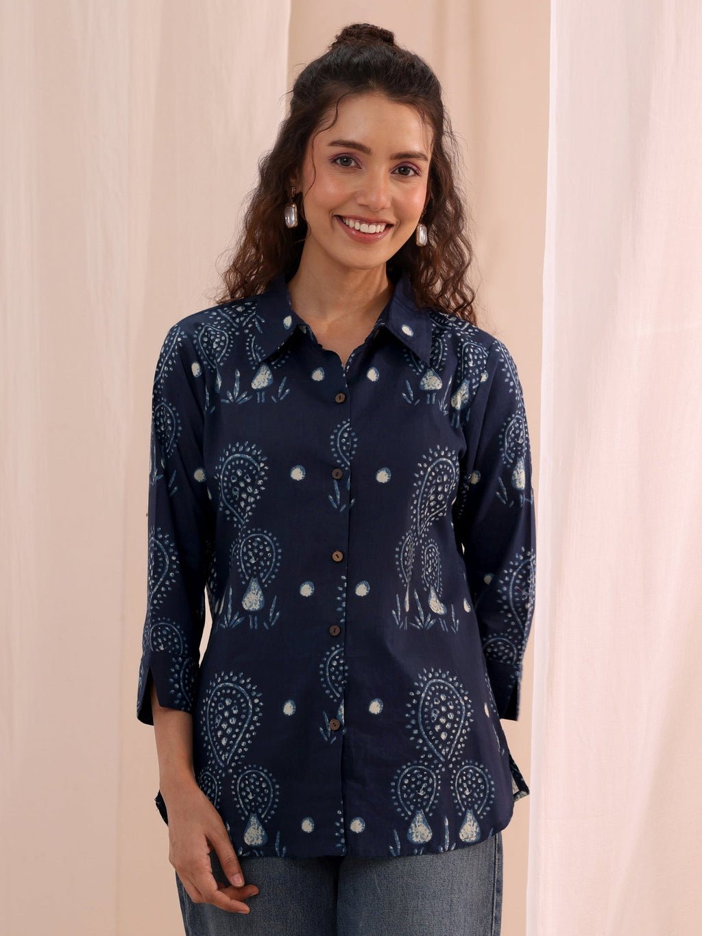 Libas Navy Blue Ethnic Printed Cotton Shirt K60