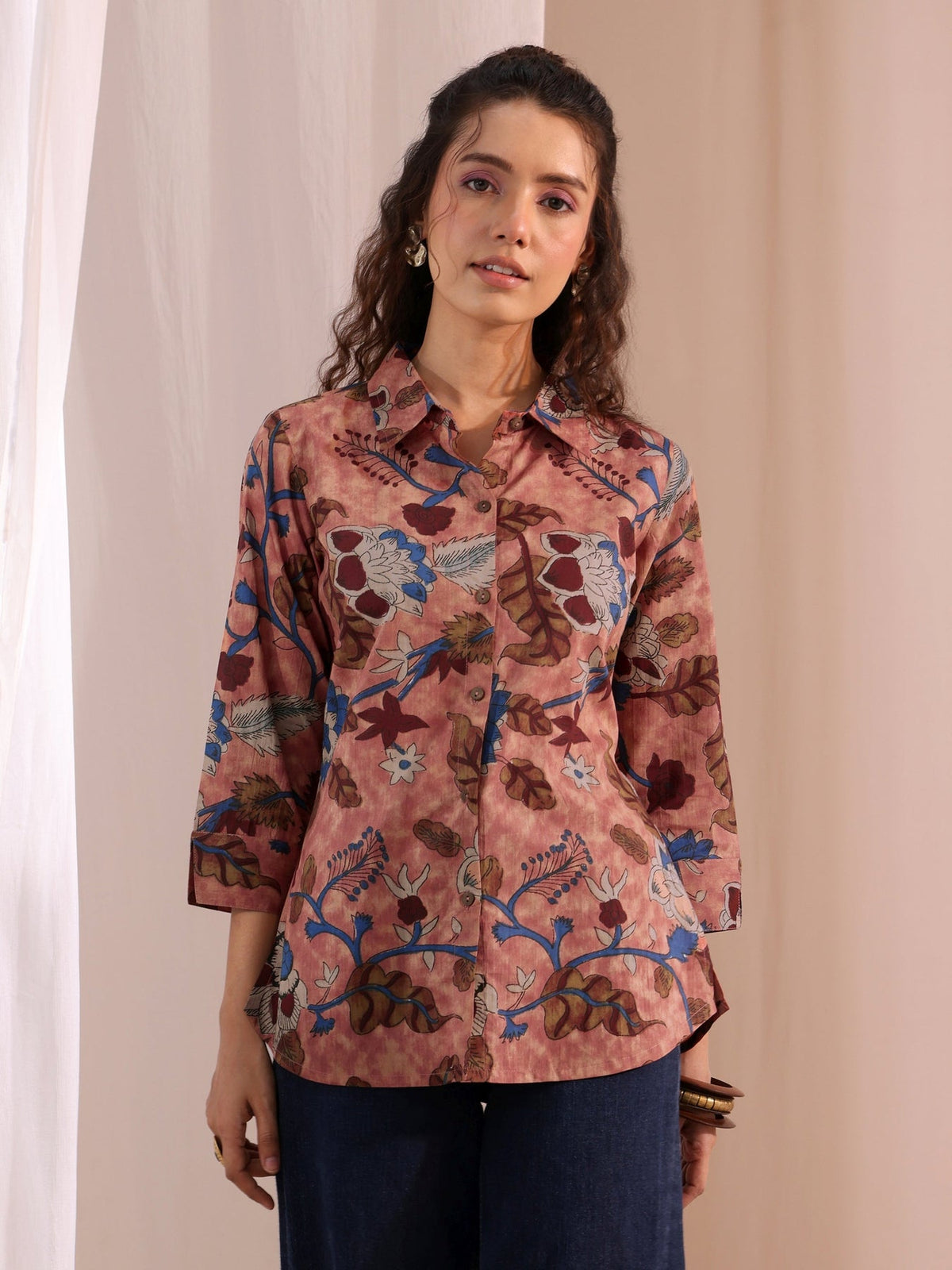 Libas Peach Floral Printed Cotton Shirt K60